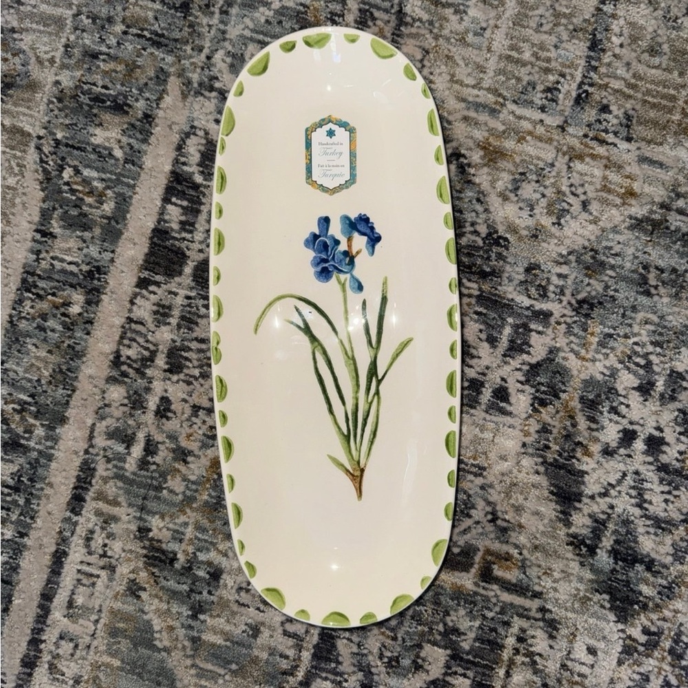 Hand-Painted White Ceramic Serving Platter with Blue Floral Design